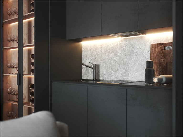  Kitchen with a special feature behind the doors and visual transformation into a storage area