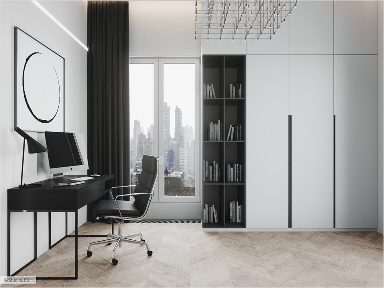 Lighting solution in a guest room with a work desk and storage area