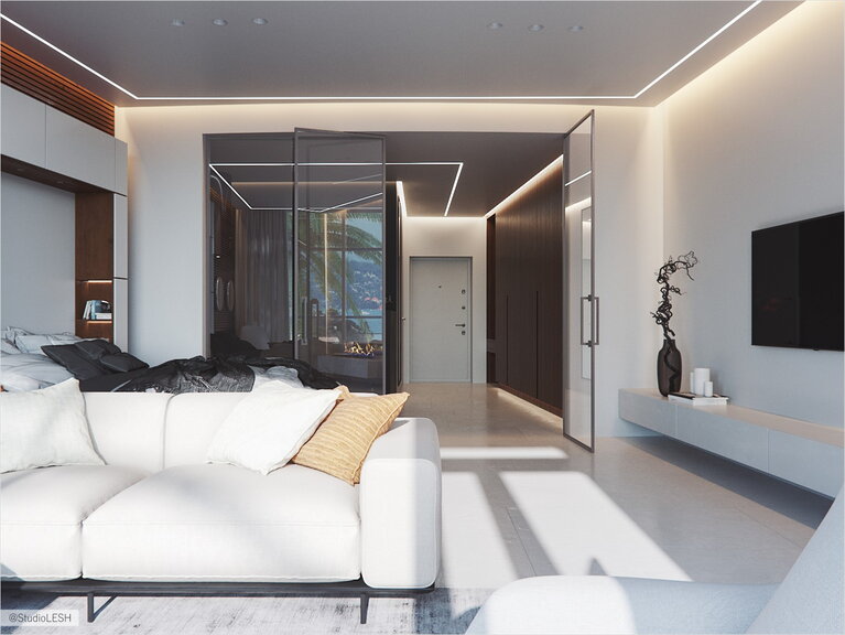 Glass partition between the functional areas of the apartment