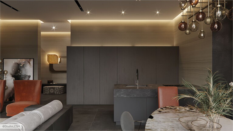 Kitchen in a large apartment with closed facades