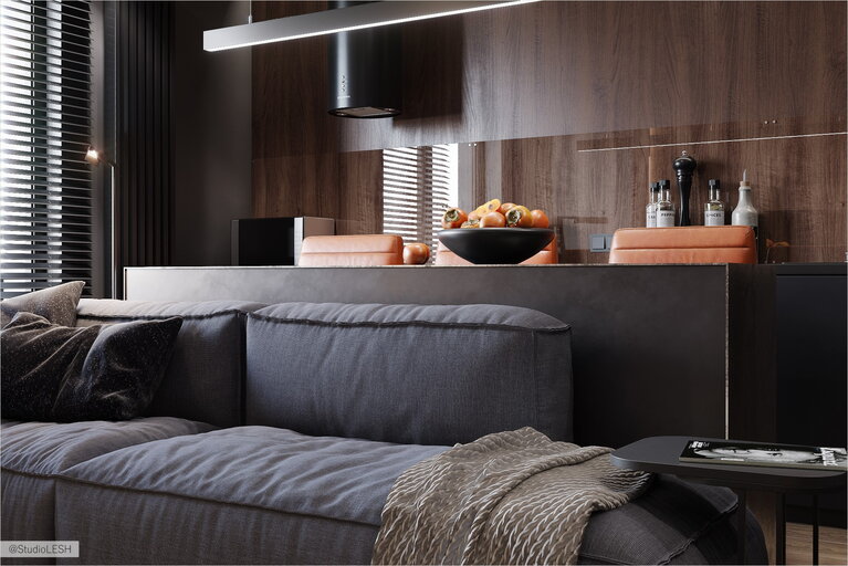 Soft sofa in modern kitchen interior