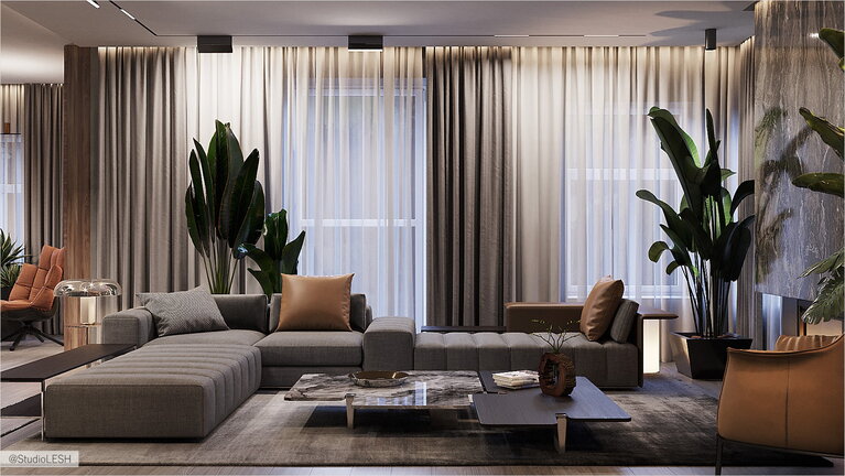 Modern design of a living room in a country house