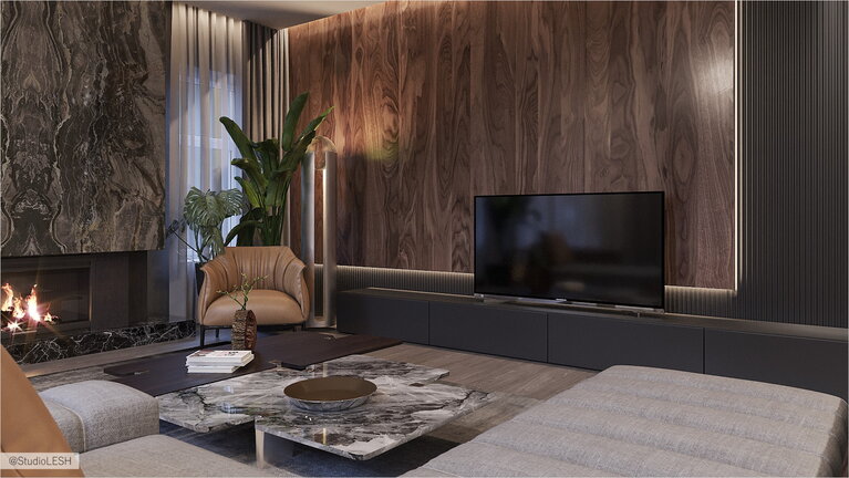 Wall design with a TV in the living room photo