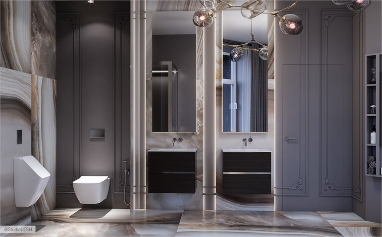 Интерьер ванной комнаты большого размера 
