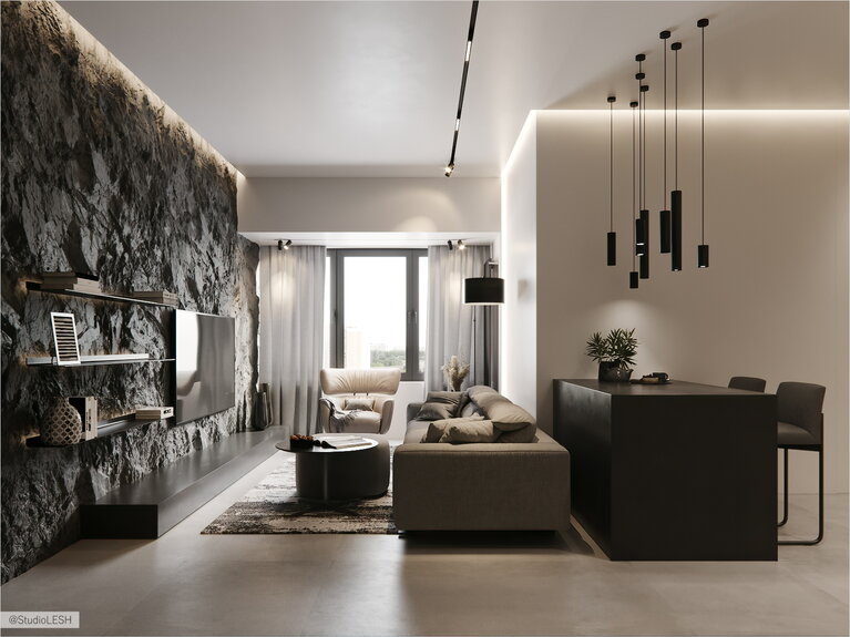 Black wall in the interior of the living room