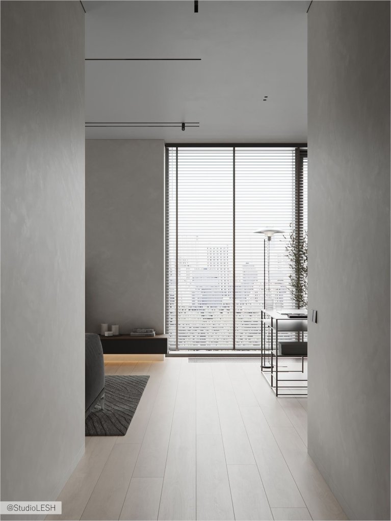 Современная гостиная с панорамными окнами и стильным интерьером в минималистическом стиле