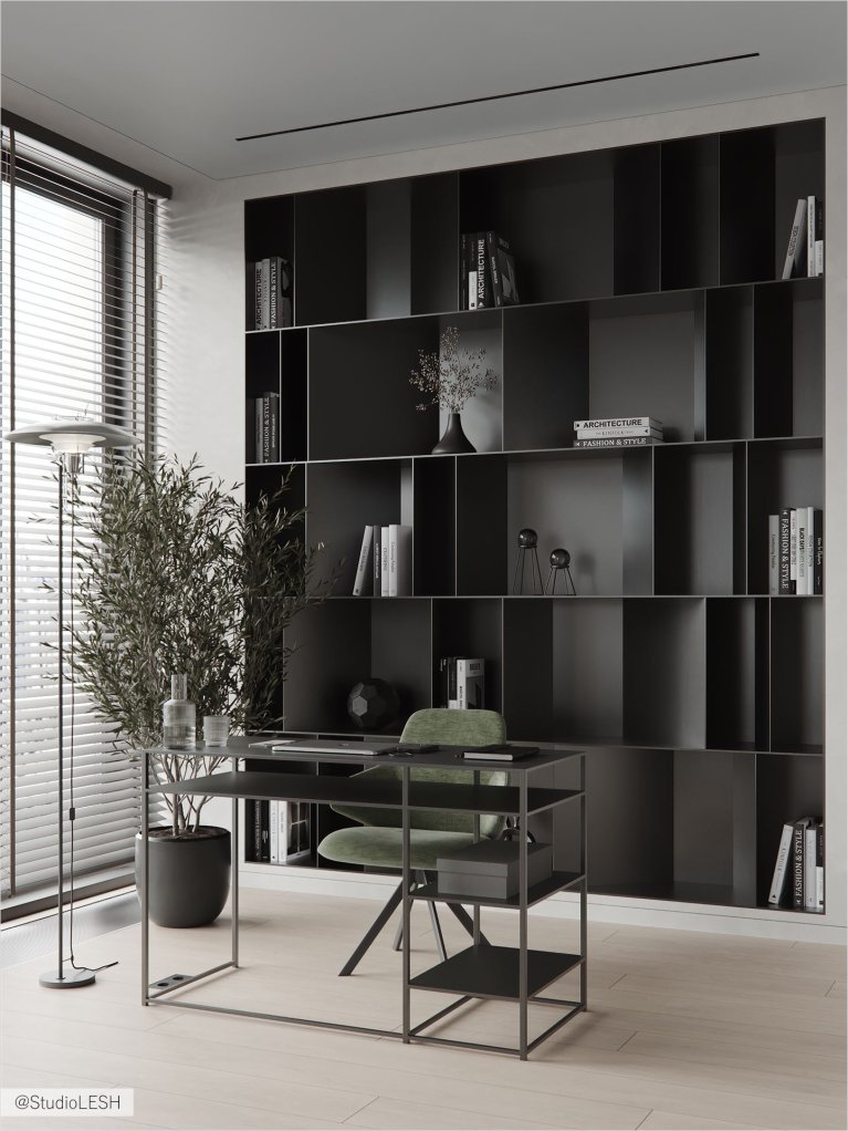 Стильный письменный стол из темного дерева с удобным креслом в современном кабинете с книжным шкафом.