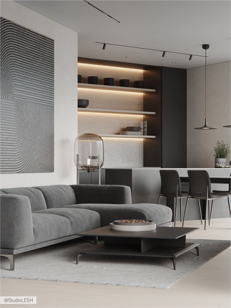 Интерьер современной гостиной: серый диван, журнальный столик, большое окно с видом на город, минималистичный дизайн.