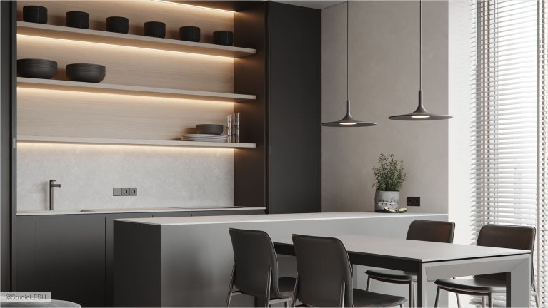 Интерьер современной кухни: темные минималистичные фасады, встроенная техника, подсветка, серый обеденный стол с двумя современными стульями, светлый ламинат на полу.