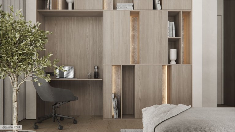 Интерьер современного кабинета с деревянным столом, удобным креслом, книжным шкафом, мягким диваном и панорамными окнами.