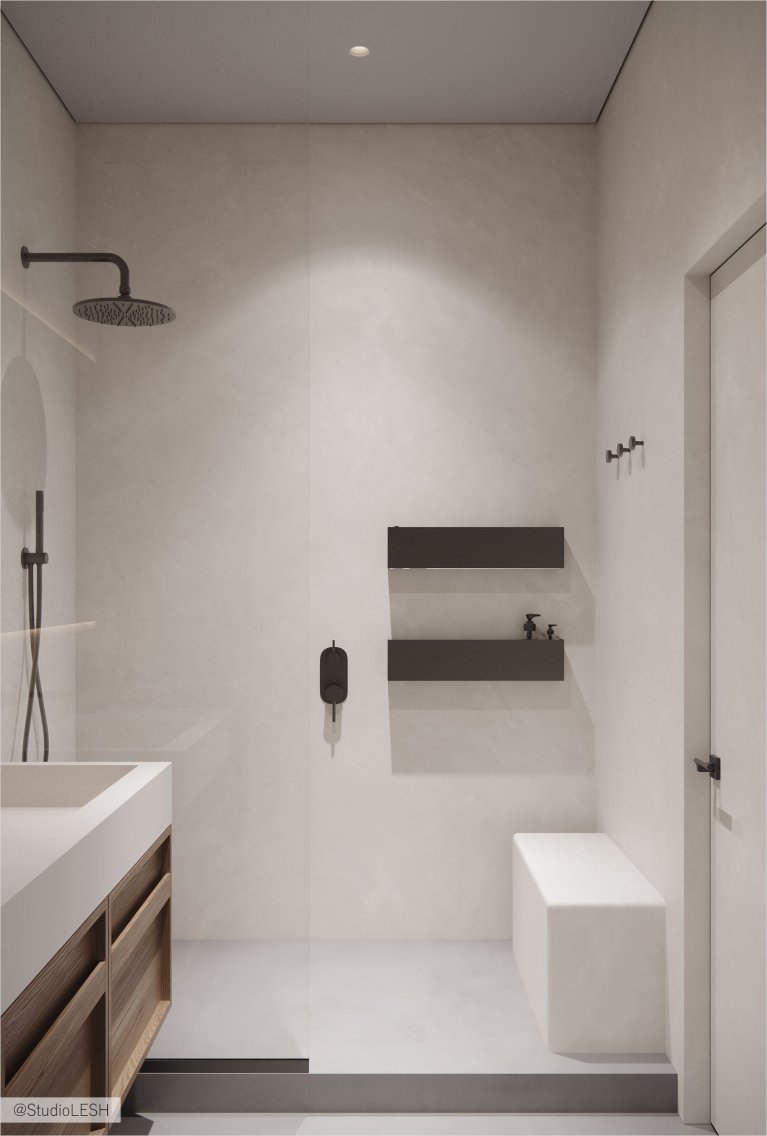 Современная ванная комната с душевой кабиной и ванной.