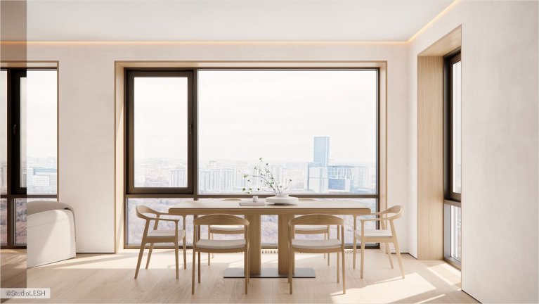 Минималистичный дизайн кухни со светлыми деревянными шкафами и белой столешницей