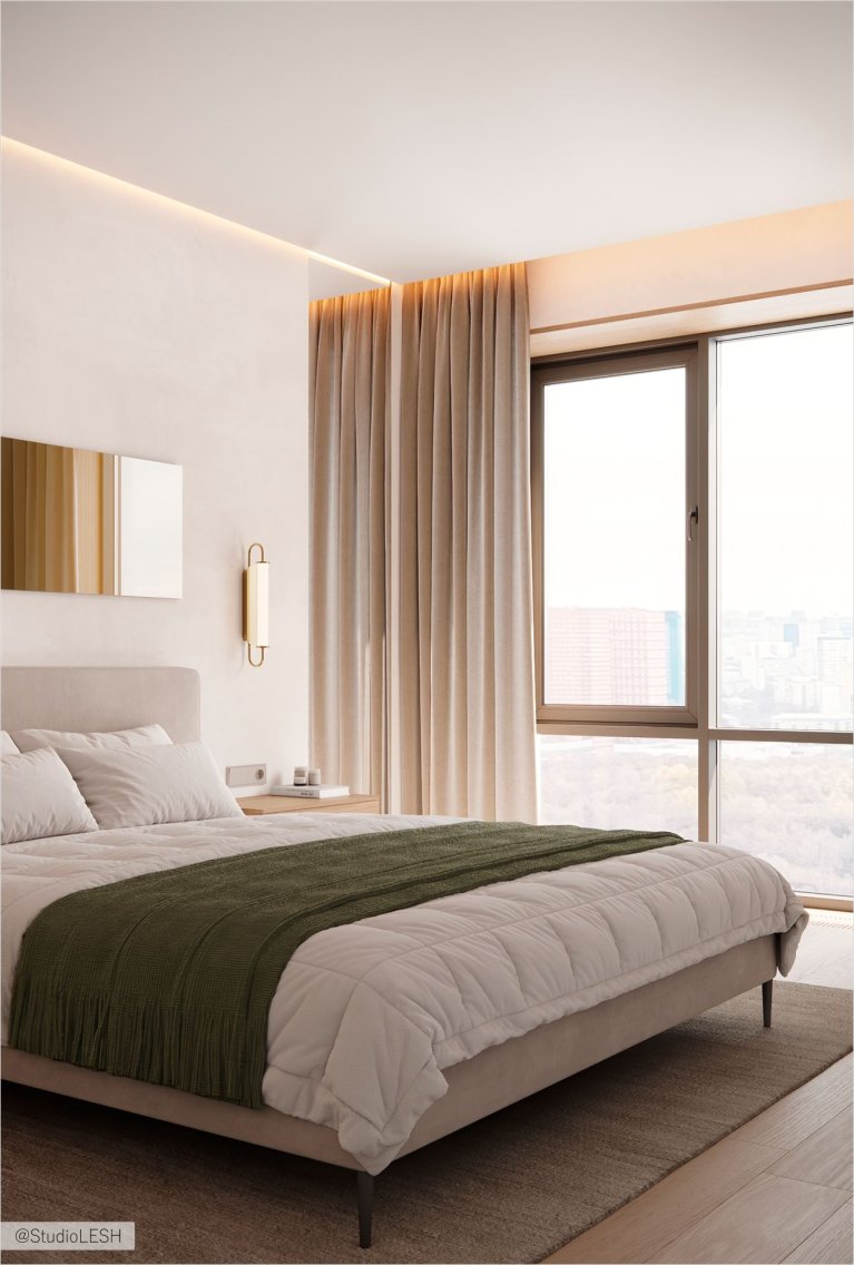 Минималистичный дизайн спальни со светлыми стенами и паркетным полом