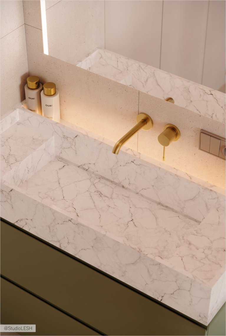 Минималистичный дизайн ванной комнаты со стильной раковиной и зеркалом