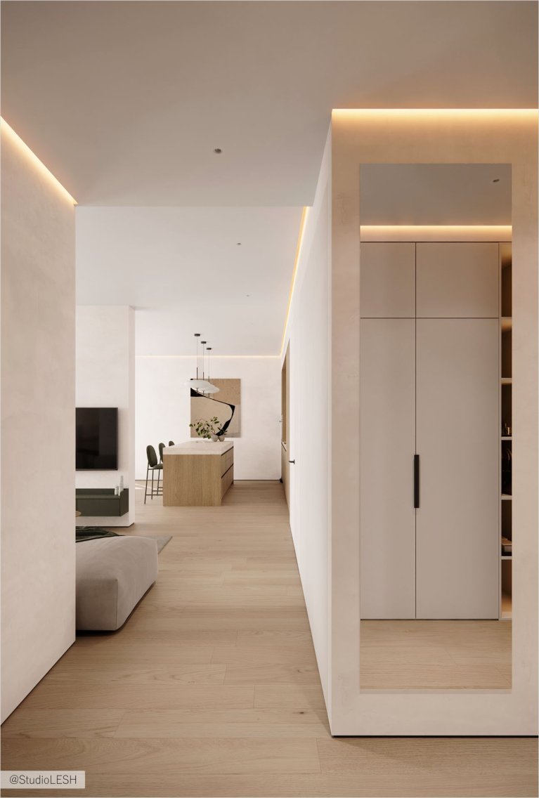 Минималистичный дизайн гостиной со светлыми стенами и деревянным полом