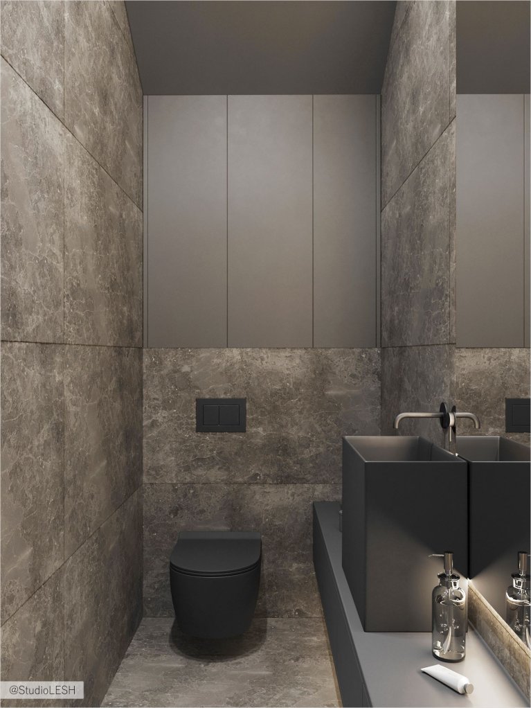 Интерьер ванной комнаты в современном стиле с акцентом на функциональность и минимализм. В комнате есть все необходимое для комфортного проживания: удобная мебель, места для хранения вещей и современная техника