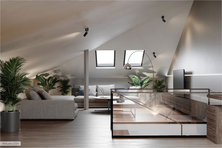 Уютная гостиная на мансарде с двумя окнами, пропускающими много света. В комнате стоит серый диван, кресло и журнальный столик. Растения в горшках добавляют жизни и свежести интерьеру