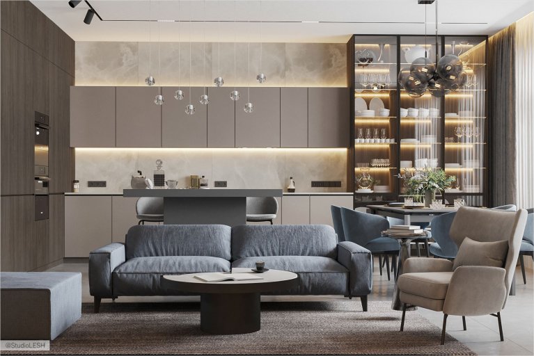 Интерьер гостиной в современном стиле с акцентом на функциональность и минимализм. В комнате есть все необходимое для комфортного проживания: удобная мебель, места для хранения вещей и современный декор