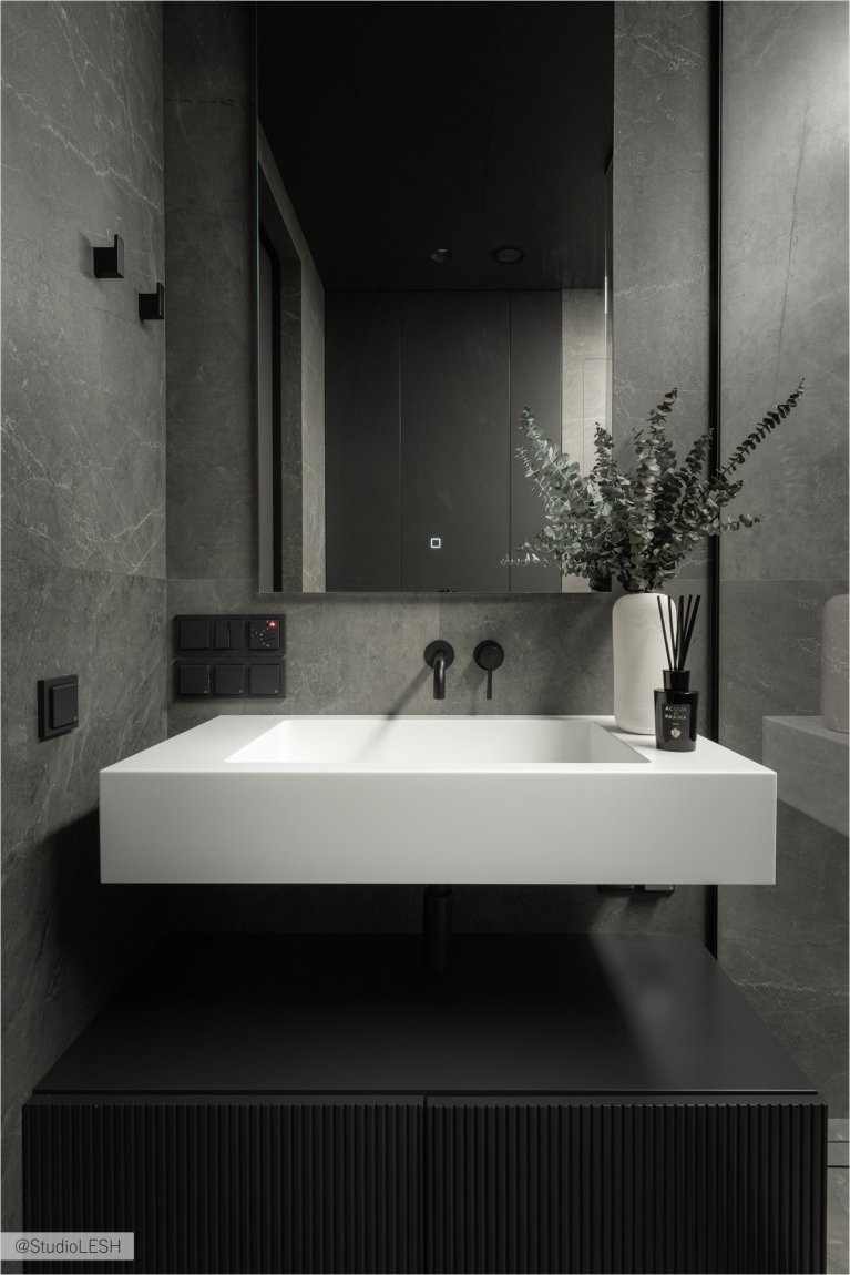 Интерьер ванной комнаты в темных тонах с душевой кабиной, частично огороженной стеклом, подвесной тумбой с раковиной, зеркалом с подсветкой и минималистичными аксессуарами. В комнате также есть живые растения, добавляющие свежести