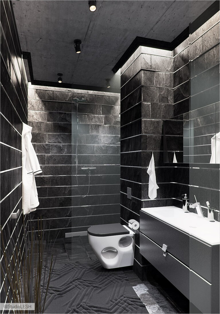 Дизайн проект туалета, с темным кафелем 