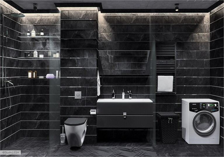 Дизайн интерьера черной ванной комнаты 