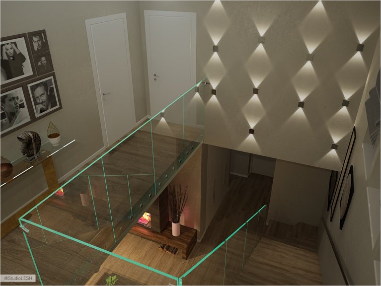 Подсветка холла в загородном доме вечернее время 