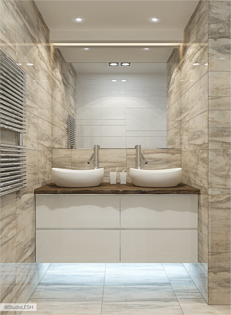 Оформление ванной комнаты, раковина с двумя чашами 