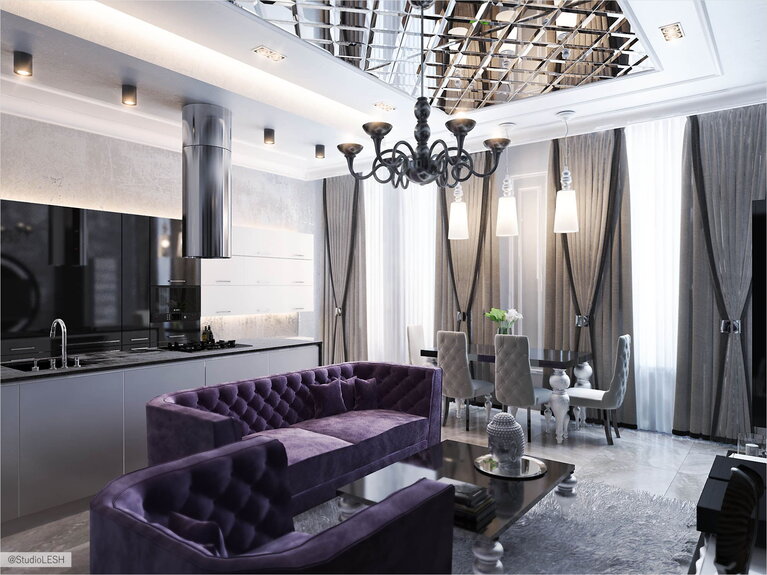 Барная стойка за фиолетовым диваном 