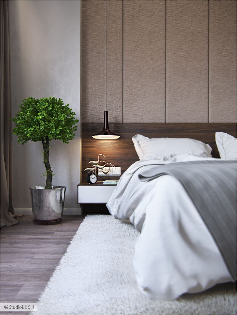 Прикроватные тумбочки, мягкая стена за кроватью 