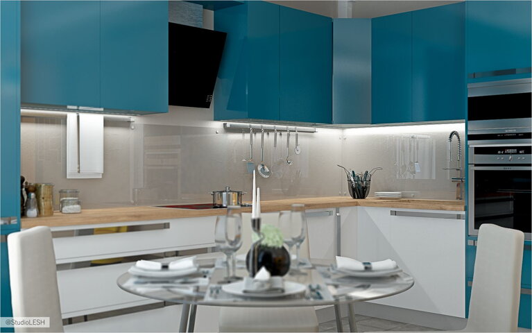 Оформление кухни, стеклянный фартук