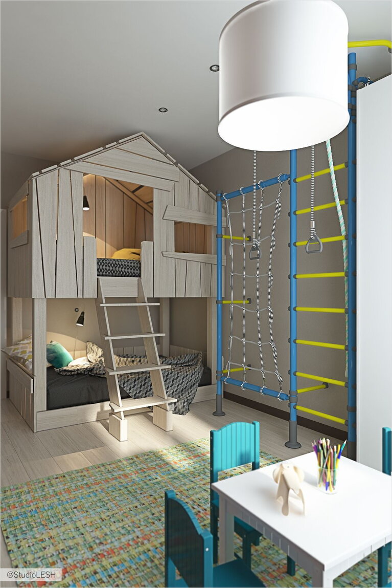 Детская комната для мальчика, спортивная стенка 