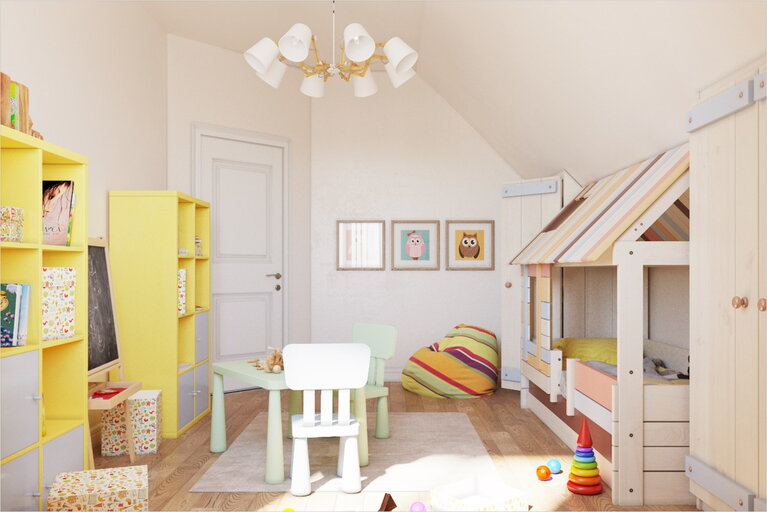 Оформление детской комнаты с треугольным потолком 