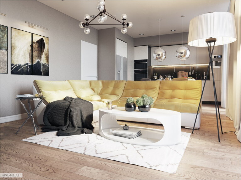 Гостиная желтый диван журнальный стол