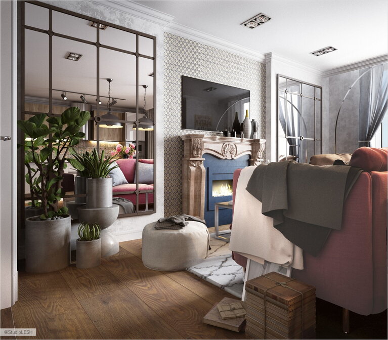 Гостиная в стиле лофт зеркала