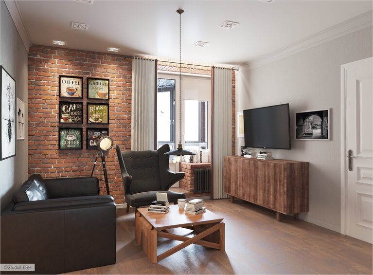 Гостиная кирпичная стена