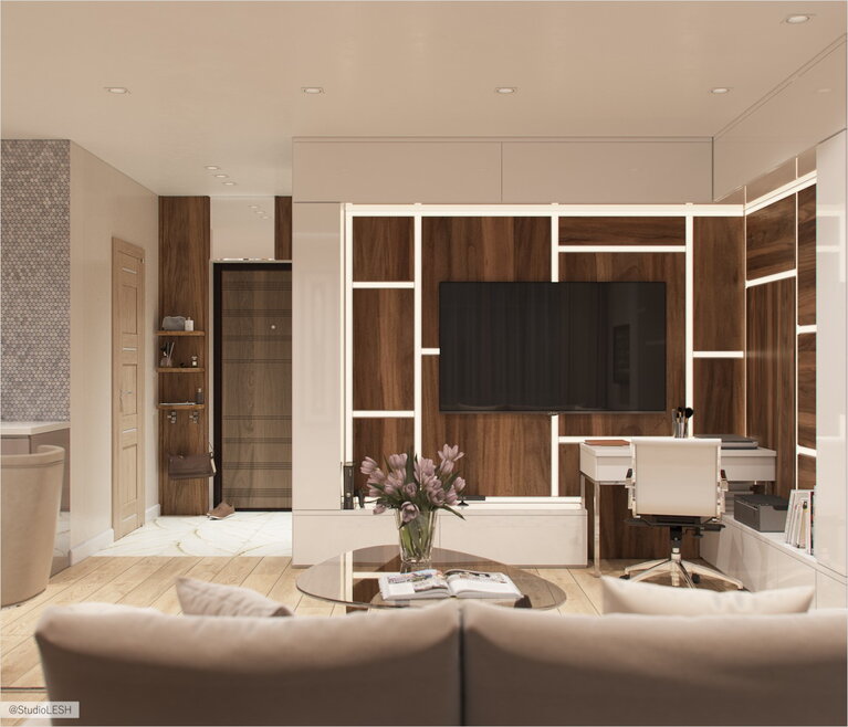 Деревянная стенка в кухне-гостиной