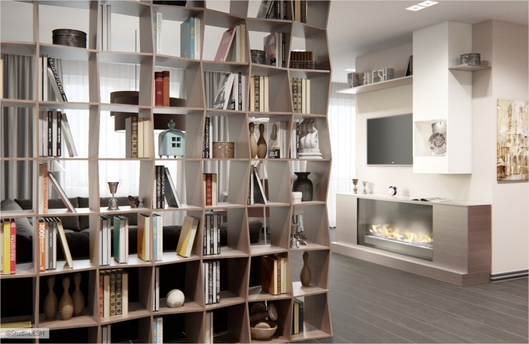 Стильный стллаж в кухне-гостиной