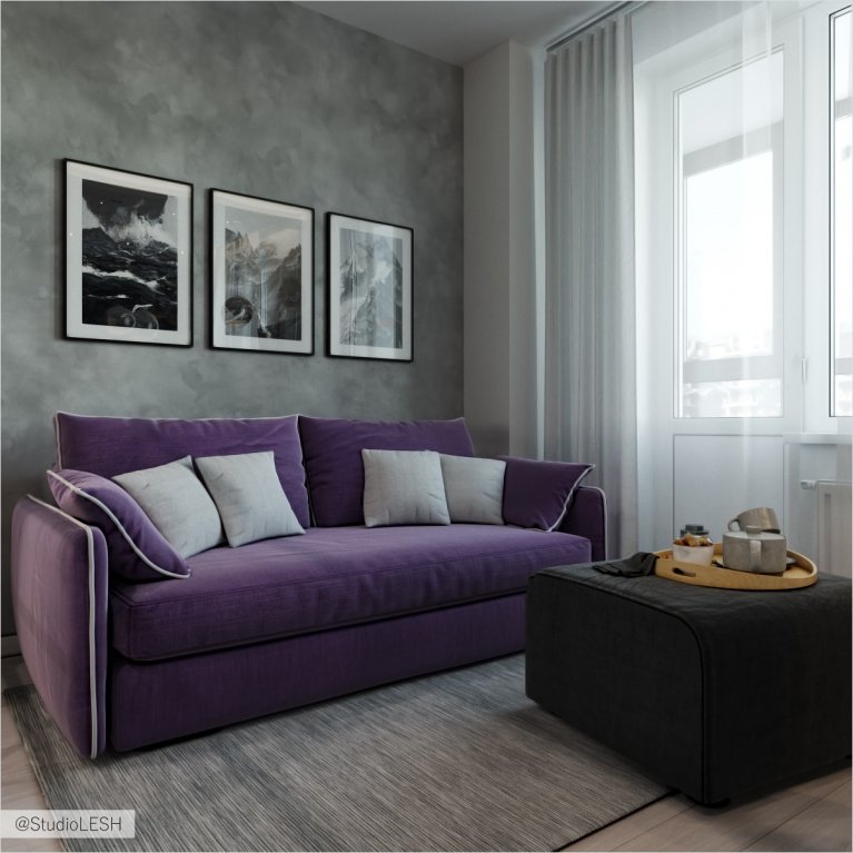 Фиолетовый диван в кухне-гостиной