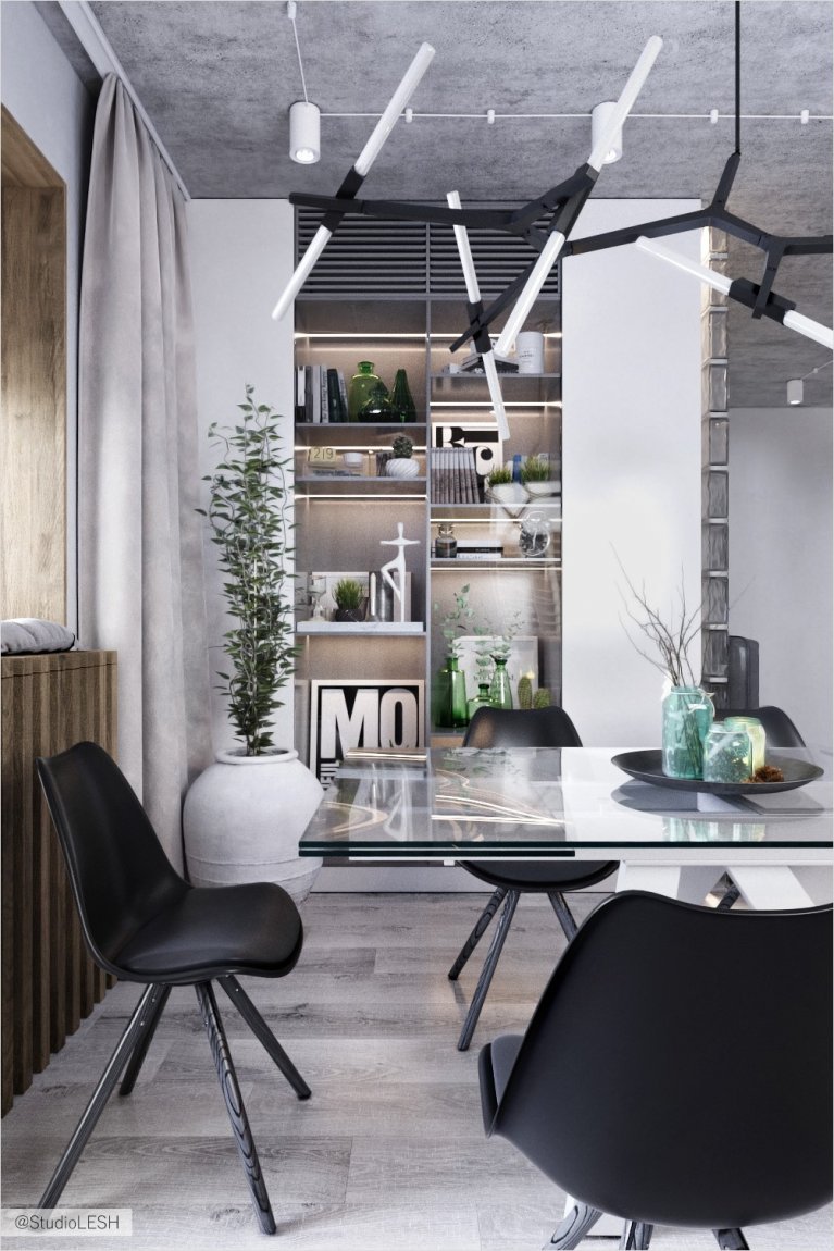 Монохромная кухня-гостиная