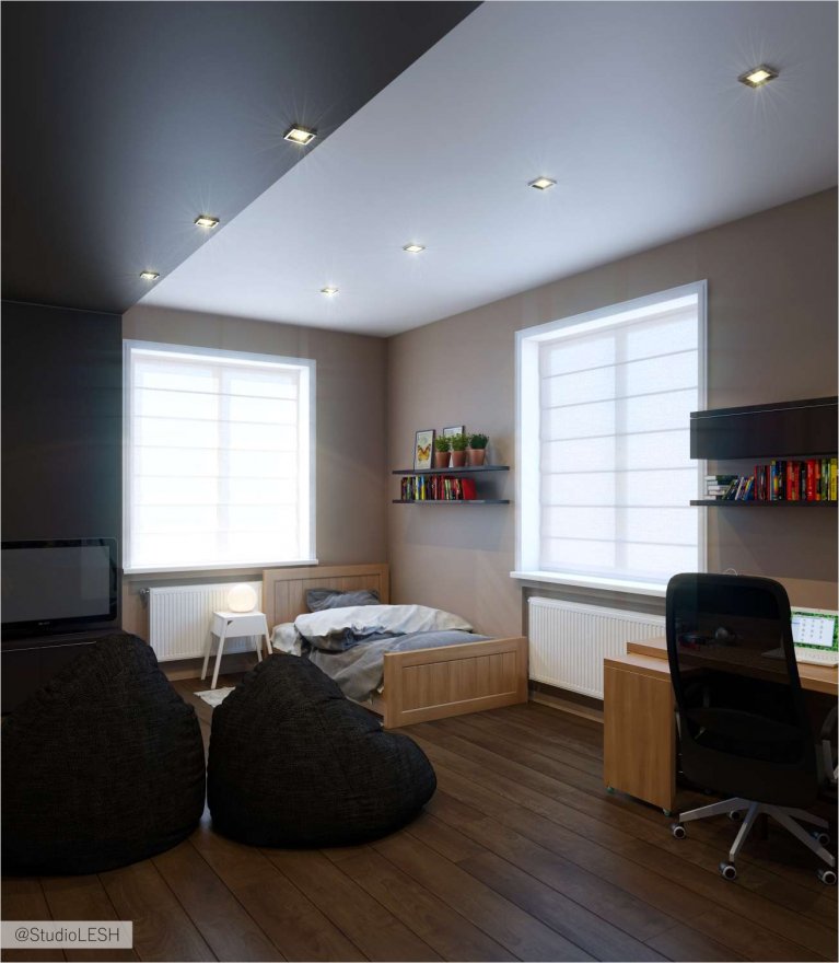 Интерьер детской для мальчика, кровать и рабочие место 