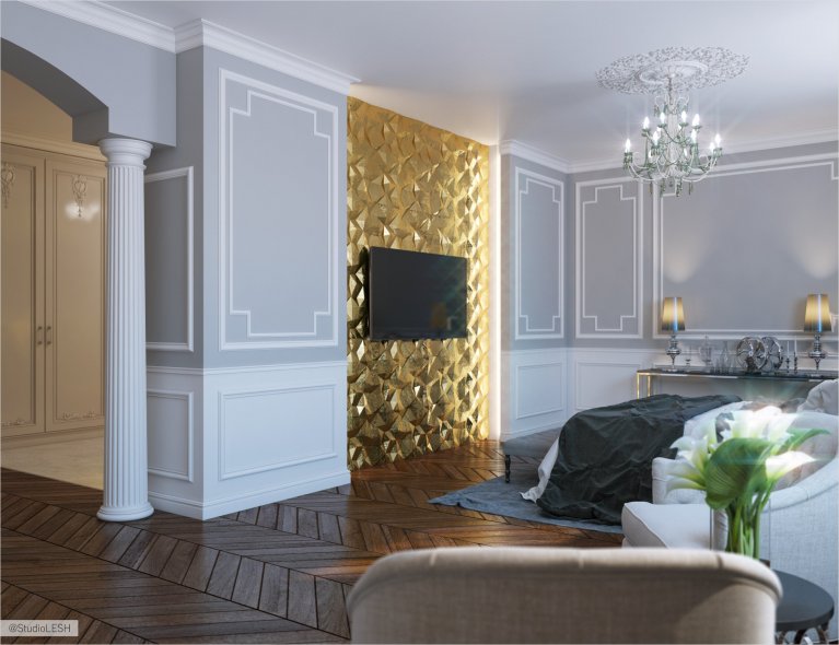 Дизайн интерьера стенки напротив кровати в спальне