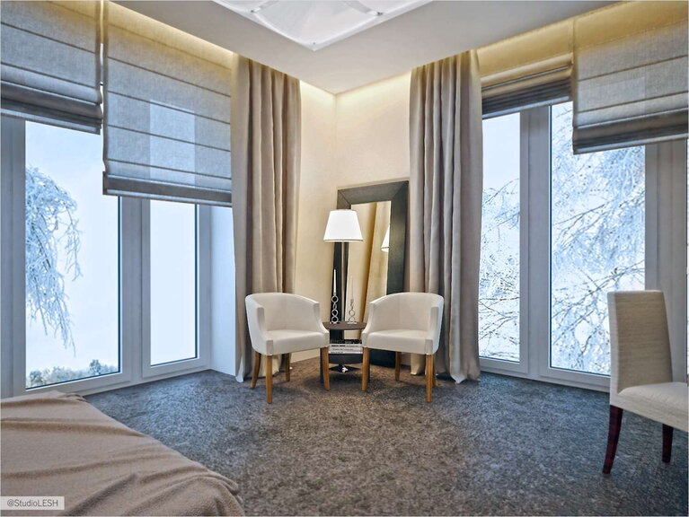 Дизайн интерьера спальни, торшер и два кресла 