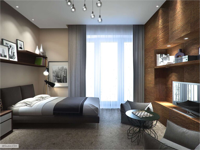 Дизайн интерьера кабинета, кровать с изголовьем