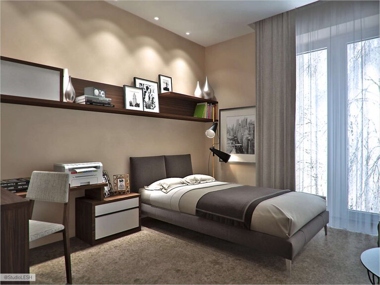 Дизайн интерьера кабинета, полки над кроватью