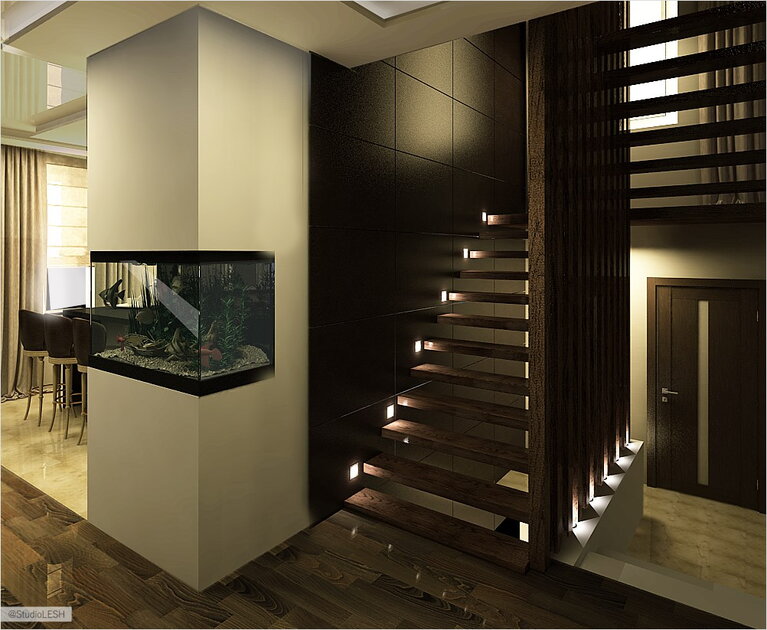 Лестница на второй этаж, дизайн интерьера