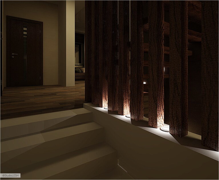 Подсветка балок лестницы, дизайн интерьера