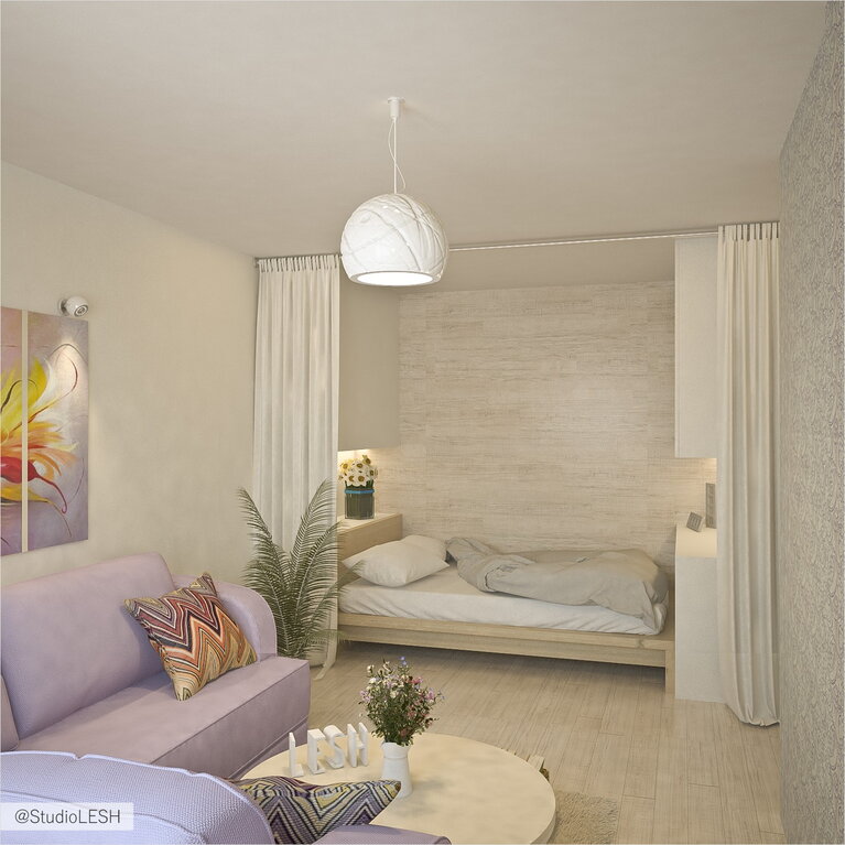 Дизайн интерьера бежевой спальни в гостиной