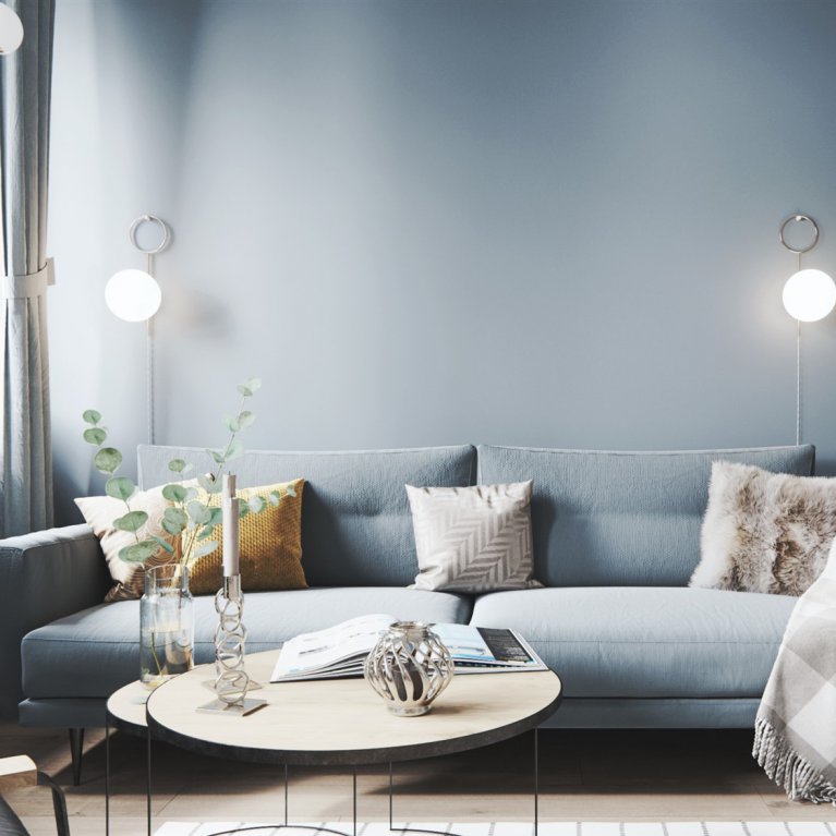 Blue living room in scandinavian style with acsessories