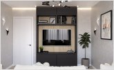 Маленькая гостиная, TV-зона, чёрный шкаф, закарнизная подсветка, бежевый диван