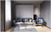  Living room in gray tones with a large closed storage system in the ceiling